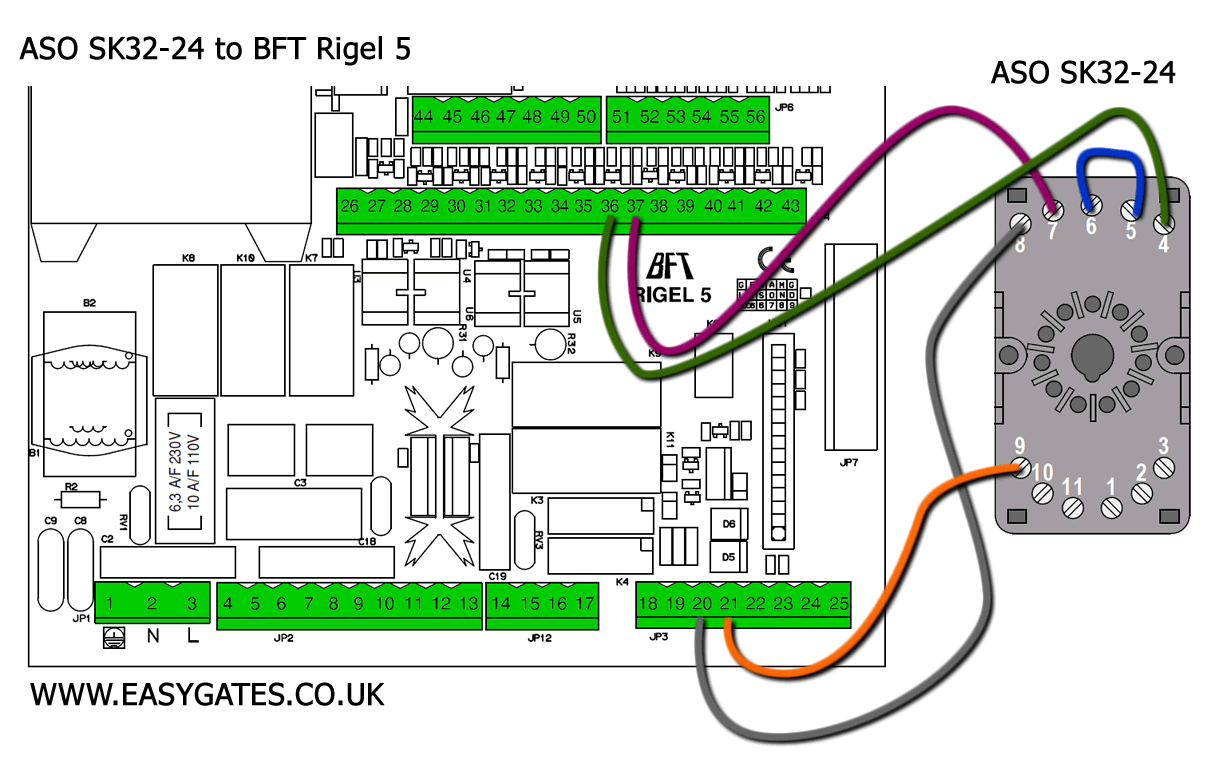 BFT Rigel 5 to ASO SK32-24 liftmaster opener wiring diagram 